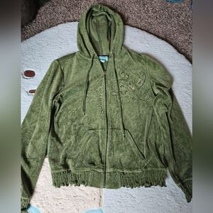 Silverwear Green Velvet Zip up Hoodie With Paisley Embroidery| Women's | Size: M